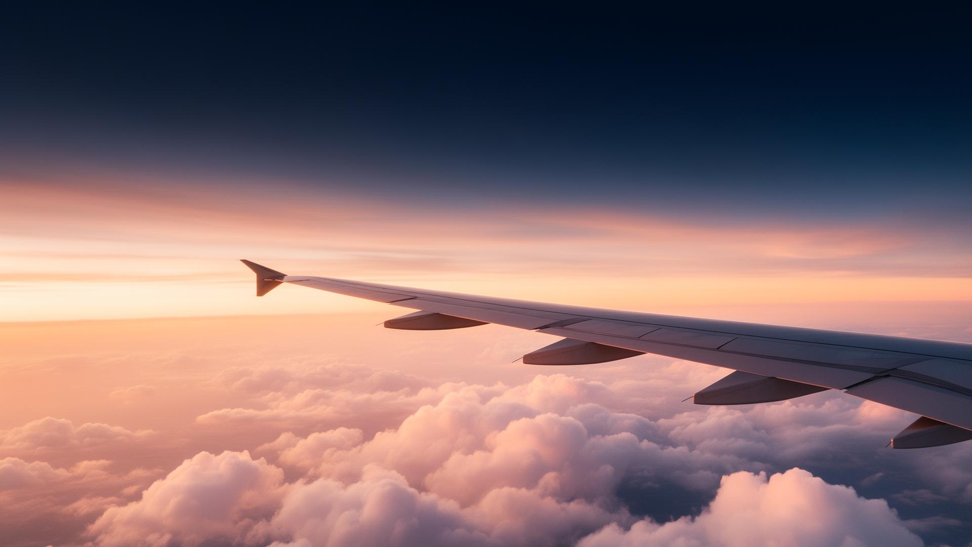 Aerial view of an airplane wing above clouds at sunset